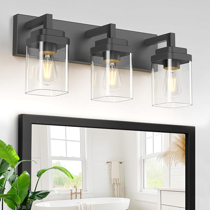 Matte Black Bathroom Light Fixtures, Modern Vanity Lights with Clear Glass Lamp Shade, Bathroom Lighting Fixtures Over Mirror, Restroom Vanity Lighting Fixture, 3-Light 22 Inch