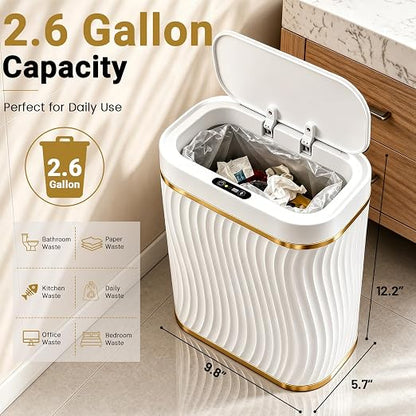 Bathroom Small Trash Can with Automatic Touchless Lid, 2.6 Gallon Smart Garbage Can Narrow Waterproof Trash Bin for Bedroom, Office, Living Room
