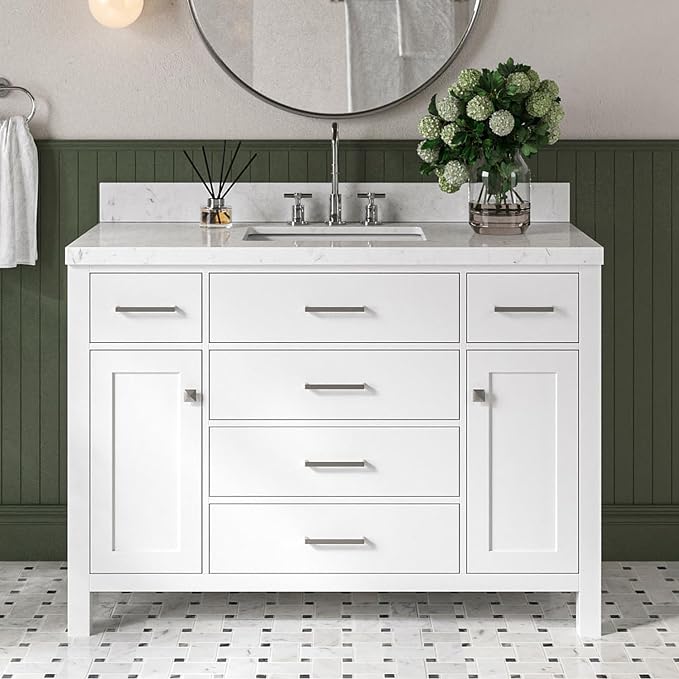 Alenza 48" White Bathroom Vanity with Sink, 1.5" Carrara Quartz Countertop, Single Rectangular Undermount Sink, 2 Soft Closing Doors, 5 Dovetail Drawers