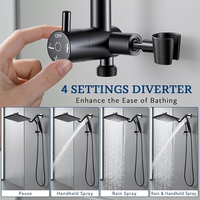 G-Promise All Metal Shower Diverter with Low Handheld Holder (Matte Black) | 6 Inch Downward-Extend Bracket for All Heights, 4 Spray Modes with Pause Mode, Anti-Leak, Easy Install, Universal Replacement