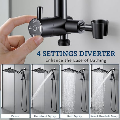 G-Promise All Metal Shower Diverter with Low Handheld Holder (Matte Black) | 6 Inch Downward-Extend Bracket for All Heights, 4 Spray Modes with Pause Mode, Anti-Leak, Easy Install, Universal Replacement