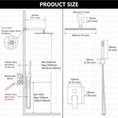Midanya Shower Faucet Set with Handheld Sprayer,16 Inch,Polish Chrome | Rough-in Shower Valve and Trim Kit Included,Square Rain Head,Wall Mount Shower System,All Metal,Bathroom