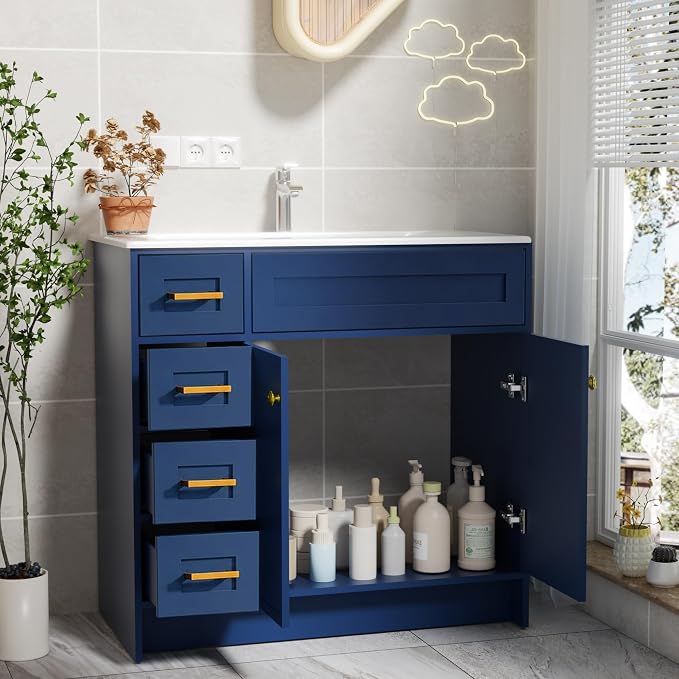 Blue Bathroom Vanity with Sink 36inch | 2 Doors and 4 Drawers | Wood Storage Basin Cabinet with Ceramic Basin for Home and Office