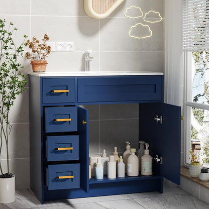 Blue Bathroom Vanity with Sink 36inch | 2 Doors and 4 Drawers | Wood Storage Basin Cabinet with Ceramic Basin for Home and Office