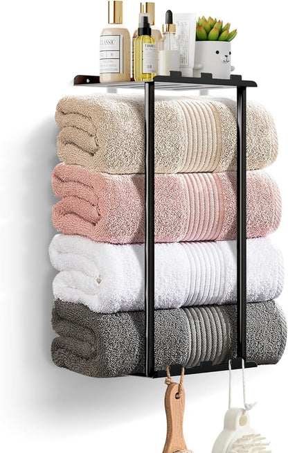 Towel Racks for Bathroom Towel Holder with Shelf & 6 Hooks Wall Mounted Towel Storage Rack for Rolled Towels Organizer, Sturdy Metal Towel Shelf, Black