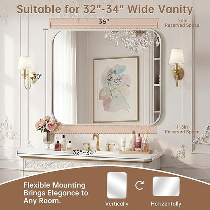 Brushed Nickel Mirror, 30"x36" Rectangle Bathroom Mirror, Metal Frame Rectangle Corner Vanity Mirror, Wall Mounted Mirror for Modern, Living Room, Bedroom, Horizontal Or Vertical