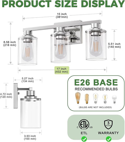 DORESshop 17 Inch 3-Light Chrome Bathroom Vanity Light Over Mirror | Modern Vanity Mirror Light, Brushed Chrome Vanity Light with Clear Glass Shade, Wall Mount Lighting for Bedroom Living Room
