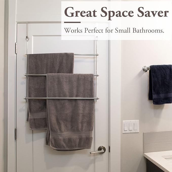 MyGift 3 Tier Over Door Towel Rack, Chrome Bathroom Towel Holder | Maximize bathroom space with a 3-tier chrome-plated over-door towel rack for hanging bath and hand towels or drying laundry