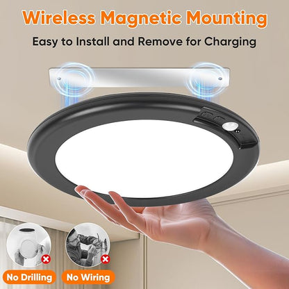 Rechargeable Motion Sensor Ceiling Light, Battery Operated Closet Light | Wireless Battery Powered LED Shower Light, Magnetic Cordless Ceiling Light with Remote, Overhead Lamp for Pantry,Black,2-Pack