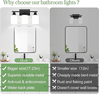 3-Light Bathroom Light Fixtures, Vanity Light with Milky White Shades, Matte Black Bathroom Light Fixtures Over Mirror, Modern Bathroom Wall Lamp for Mirror Living Room Cabinet Bedroom