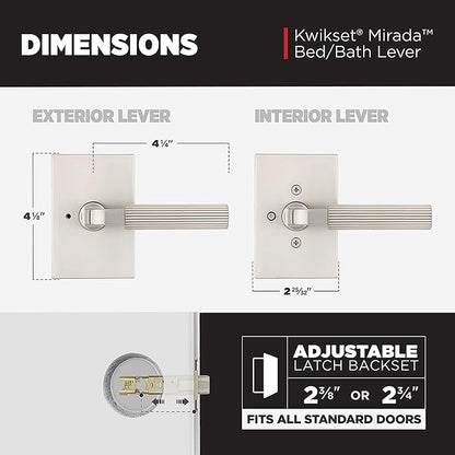 Kwikset Mirada Reeded Interior Privacy Door Handle with Lock, Handle for Bathroom and Bedroom, Satin Nickel, Reversible Keyless Push Button Lock, with Microban Protection