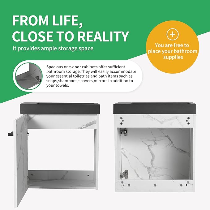 20 Inch Bathroom Vanity with Sink Combo for Small Space, Wall-Mounted Bathroom Vanity with Soft Close Door,Modern Floating Bathroom Vanity with Blacktop Basin &White Storage Cabinet