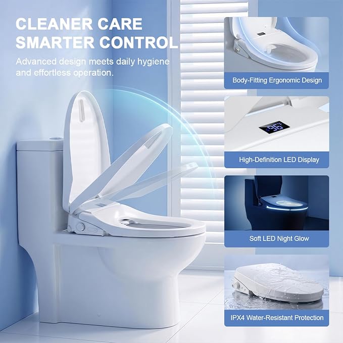 Bidet Toilet Seat Elongated, Electric Heated Seat with Instant Warm Water | Remote & Side Knob Control, Self-Clean Nozzle, Soft Close Lid, Night Light, Warm Air Dryer