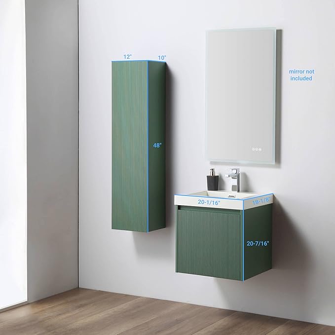Blossom 20 Inch Bathroom Vanity with Sink and Side Cabinet, All Wood Floating Bathroom Vanity with Acrylic Sink, Bathroom Sink Cabinet with Soft-Close Drawer, Modern Style Vanities, Aventurine Green