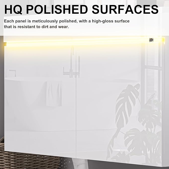 AHB 30 inch Bathroom Vanity W/Sink Combo, High Gloss Bathroom Cabinet, Smart Wall Mounted Sink Cabinet Auto Motion Sensor LED Light, Modern Floating Vanity with Faucet