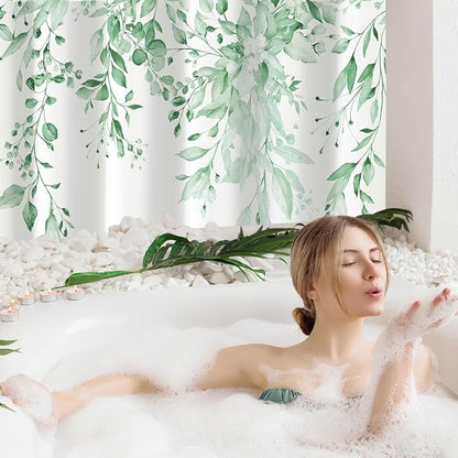 MintGreen Eucalyptus Shower Curtain, Watercolor Floral Print, 72x78 | Watercolor Plant Leaves Floral Print, Waterproof Fabric Bathroom Decor, Machine Washable, Rustproof Grommets