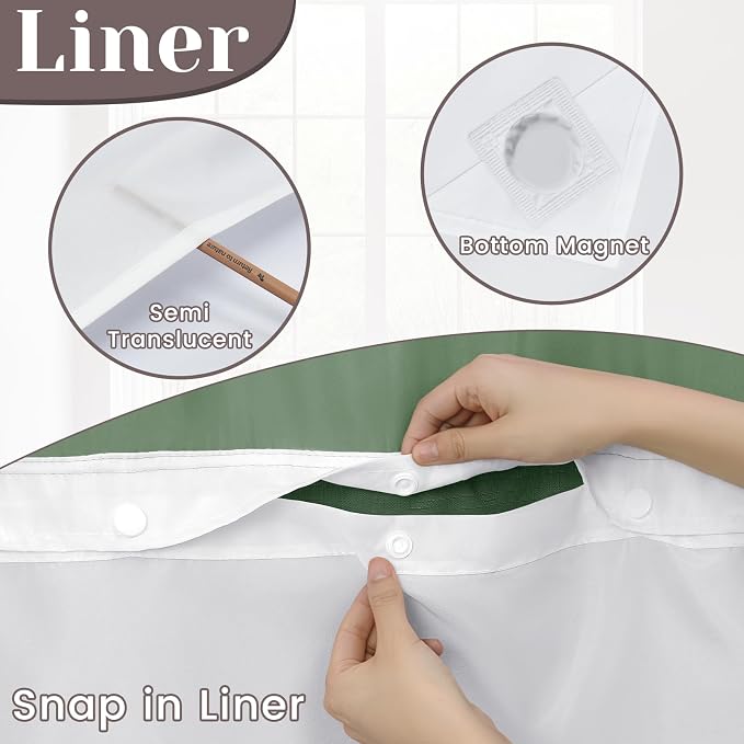 SORTTO No Hook Slub Shower Curtain with Liner, 71x74, Dark Green | Snap in Liner, 3 in 1, Bamboo Texture, Hotel Style, Waterproof Fabric, Mesh Top Window, Corner Magnets, Machine Washable
