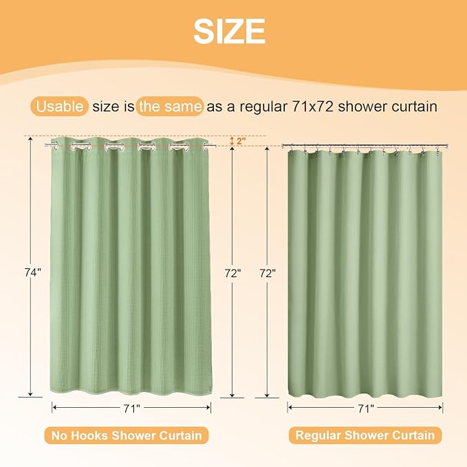 River Dream Cotton Blend No Hook Shower Curtain with Liner, Sage, 71x74 | with Snap in Liner, Heavyweight Waffle Fabric, Hotel Grade for Bathroom, Water Repellent, Corner Magnets, Machine Washable