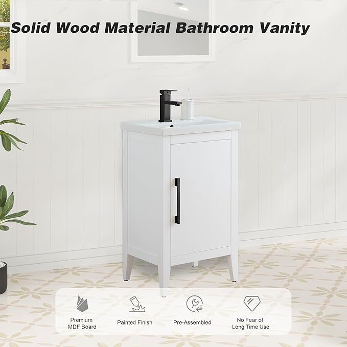 HomeBeyond 20 Inch Bathroom Vanity with Sink & Ceramic Top, Single Vanity Cabinet with Basin, Soft-Closing Doors & Matte Black Hardware, White