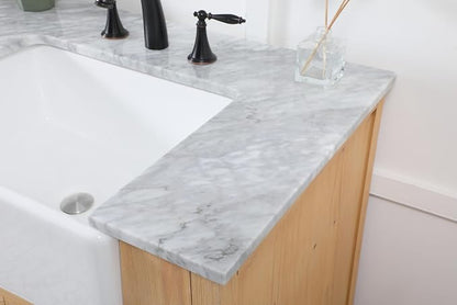 72" Pre-Assembled Bathroom Vanity with Sink, Solid Birch and MDF, Carrara White Marble Countertop Attached, Double Rectangle Porcelain Sink, 3 Soft-Close Drawers, Natural Wood