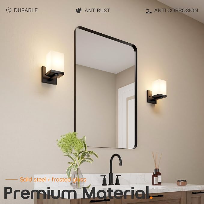 Wall Light Fixture Black Vanity Lighting Over Bathroom Mirror with White Frosted Glass, Wall Lamp for Powder Room Washroom Entrance T003MB-L1