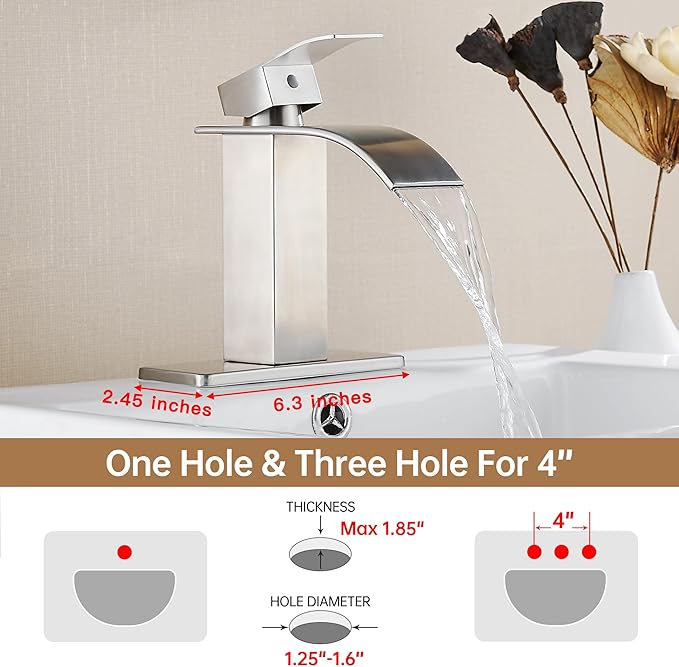 Fransiton Brushed Nickel Waterfall Bathroom Faucet Lavatory Single Handle 1 or 3 Hole Bathroom Sink Faucet Washbasin Faucet with Deck and Pop-up Drain
