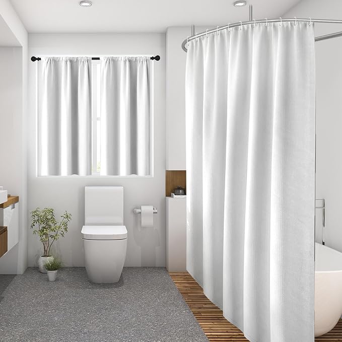 Shower Curtain Set, for Bathroom Decor 72" x 72", Modern White | White Waffle Textured Solid Waffle Textured Cloth Waterproof Matching Window Shower Curtain 36 x 30 Inches