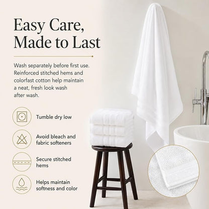 Velqora Large Bath Towels 4 Pack, 30x60 in, 100% Cotton, White | Soft & Absorbent | Balanced Weight | Everyday Comfort | Easy Care