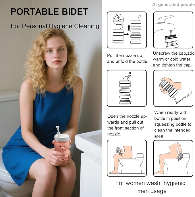 Cute Portable Bidet for Kids, Lovely Baby Bidet Spray Bottle, 300ml Compact Travel Size Camping Peri Bottle with Retractable and Angle-Adjustable Nozzle for Home, Outdoors, Camping & Travel Pink(1pc)