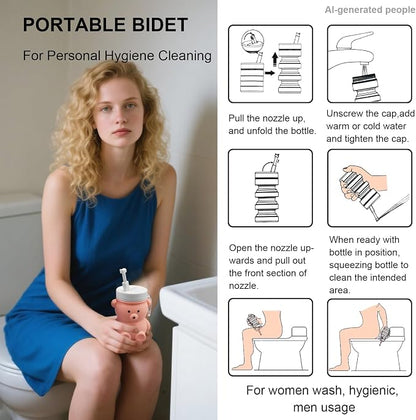 Cute Portable Bidet for Kids, Lovely Baby Bidet Spray Bottle, 300ml Compact Travel Size Camping Peri Bottle with Retractable and Angle-Adjustable Nozzle for Home, Outdoors, Camping & Travel Pink(1pc)