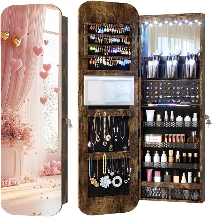 Vlsrka 47.2" Wall/Door Mounted Jewelry Cabinet Organizer Armoire W/Mirror | 6 LEDs, Over The Door Hanging Jewelry Organizer with Rounded Corner Mirror, Lockable Full Length Mirror with Storage, Brown