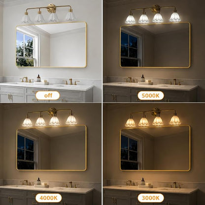 4 Light Gold Brass Bathroom Light Fixture,Brush Gold Vanity Lighting Over Mirror,Cute White Glass Flower Lampshade,Wall Sconces,E26 Socket(Bulbs Not Included)