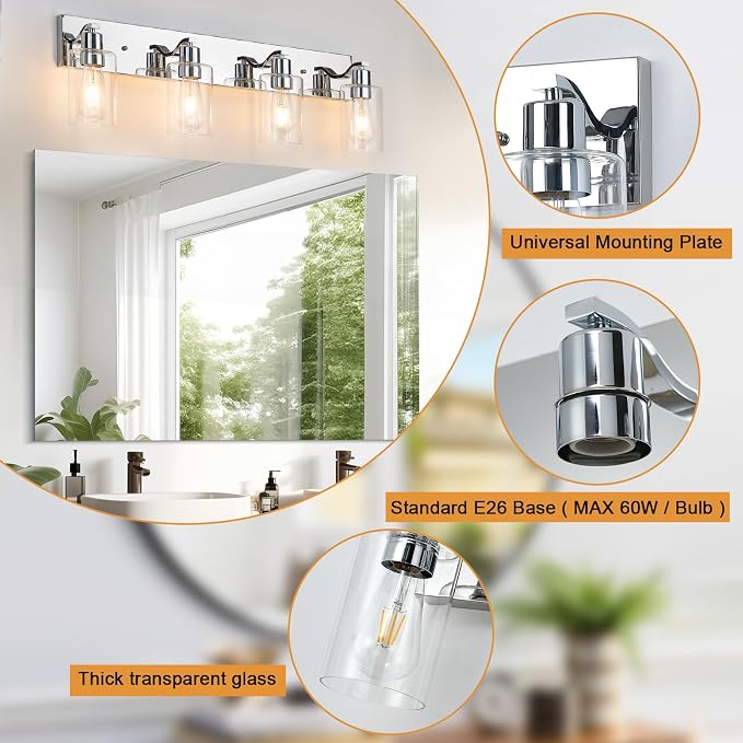 4 Lights Bathroom Light Fixtures Chrome Vanity Light with Clear Glass Shade 30in Modern Bathroom Lighting Fixtures Over Mirror for Bedroom/Living Room