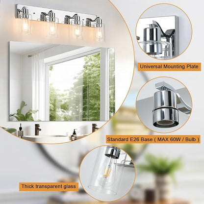 4 Lights Bathroom Light Fixtures Chrome Vanity Light with Clear Glass Shade 30in Modern Bathroom Lighting Fixtures Over Mirror for Bedroom/Living Room