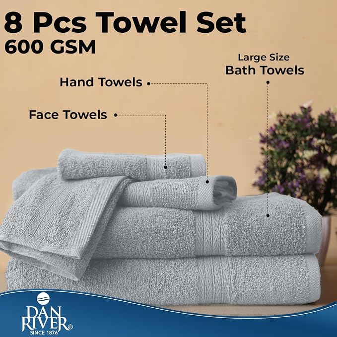 DAN RIVER 8 Piece Luxury Bath Towels for Bathroom, Towel Set, Silver | 2 Bath towels, 2 Hand towels, and 4 Wash Cloths, 600 GSM 100% Ring Spun Cotton, Highly Absorbent, Gym, Hotel, guest, and Spa