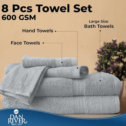 DAN RIVER 8 Piece Luxury Bath Towels for Bathroom, Towel Set, Silver | 2 Bath towels, 2 Hand towels, and 4 Wash Cloths, 600 GSM 100% Ring Spun Cotton, Highly Absorbent, Gym, Hotel, guest, and Spa