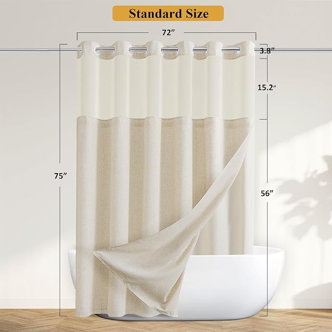 Jowels No Hooks Natural Linen Fabric Shower Curtains for Bathroom 75 Inches | Linen Shower Curtains for Bathroom,Weighted Waterproof Washable Cloth with Liner Set,Mesh Top Window,Hotel Boho Luxury Decor