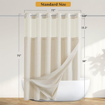 Jowels No Hooks Natural Linen Fabric Shower Curtains for Bathroom 75 Inches | Linen Shower Curtains for Bathroom,Weighted Waterproof Washable Cloth with Liner Set,Mesh Top Window,Hotel Boho Luxury Decor