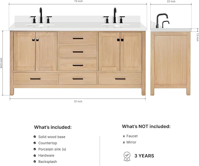 ARIEL Cambridge 72-inch Bathroom Vanity with Sink,Solid Wood, 1.5-inch Pure White Quartz Countertop & Backsplash, Double Oval Porcelain Sink, 4 Soft Closing Doors, 6 Dovetail Drawers, White Oak