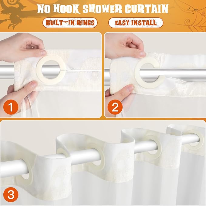 FADOTY No Hook Shower Curtain Set with Snap in Liner, Ghost, 71'' x 74'' | Bathroom Hotel Fabric Curtain, Waterproof Washable Liner, See Through Top Window, Ringless Ghost Tufted Cloth Curtain