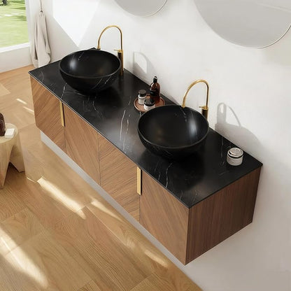 60" Double Sink Bathroom Vanity with Sink Combo, Floating Bathroom Vanities with Vessel Sink, Wall-Mounted Plywood Bathroom Vanity Cabinet with Doors, Brown Oak