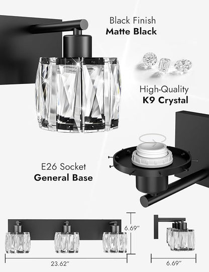 VOLISUN Crystal Vanity Lights for Bathrooms, 3 Light Bathroom Vanity Light, Modern Matte Black Bathroom Light Over Mirror, Black Bathrooms Lights Fixtures-UL Certificated(Exclude Bulb)
