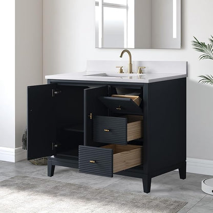 Vanity Art 42" Bathroom Vanity with Single Sink & Arabescato White Engineered Stone Top, Soft Closing Door, Solid Wood Frame, Golden Brushed Handles, Vintage Spruce Blue VA8142-VSB-GB
