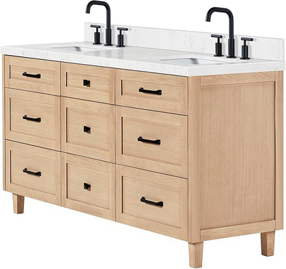 ARIEL Monroe 66-inch Bathroom Vanity with Sink,Solid Wood, 1.5-inch Carrara White Quartz Countertop & Backsplash, Double Oval Porcelain Sink, 9 Dovetail Drawers, Matte Black, White Oak