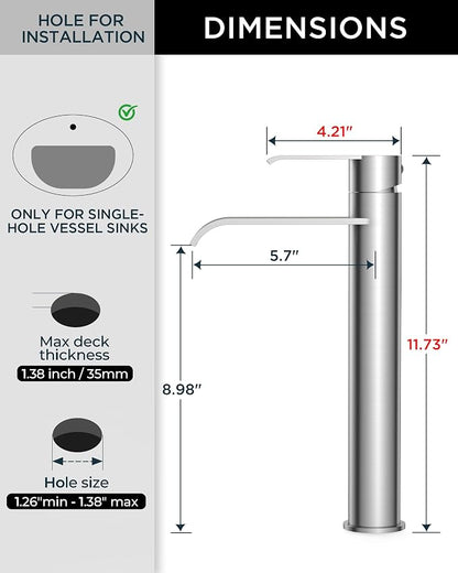 FORIOUS Waterfall Bathroom Vessel Sink Faucet Brushed Nickel Single Hole | Waterfall Brushed Nickel Tall Bathroom Faucet 1 Hole, Silver Bathroom Sink Faucet for Vessel Sink with Drain and Supply Line