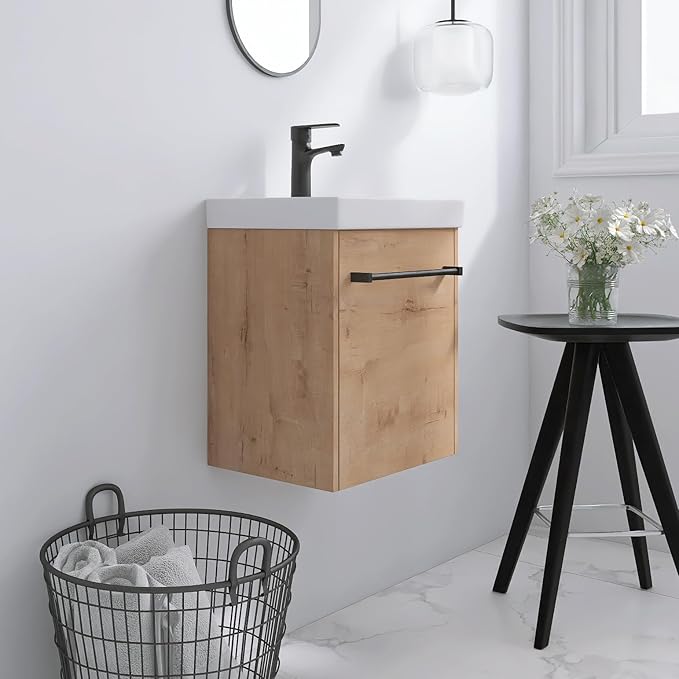 18" Bathroom Vanity with Sink, 18 Inch Floating Bathroom Vanity for Small Space,Modern Single Sink Bathroom Vanity Combo, Brown Wall Mounted Cabinet Set
