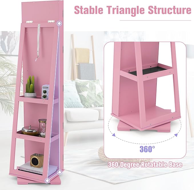 360° Rotating Jewelry Armoire, Freestanding Jewelry Cabinet with Inside Makeup Mirror, 2-in-1 Lockable Jewelry Organizer w/Full-Length Mirror for Women (Pink)