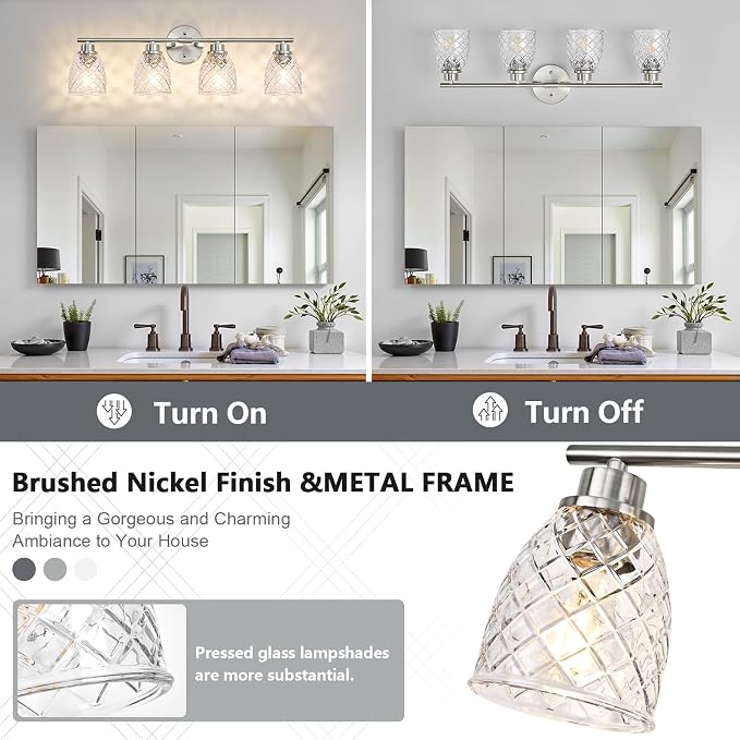 4-Light Vanity Light Over Mirror, Brushed Nickel Bathroom Light Fixtures | Modern Farmhouse Wall Sconces with Hammered Glass Lampshade for Kitchen Hallway Bedroom Living Room Cabinet Porch-27.5IN