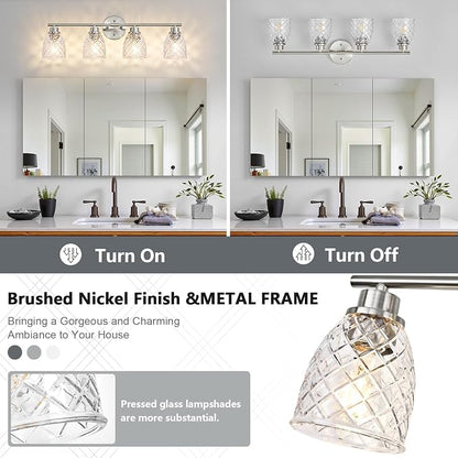 4-Light Vanity Light Over Mirror, Brushed Nickel Bathroom Light Fixtures | Modern Farmhouse Wall Sconces with Hammered Glass Lampshade for Kitchen Hallway Bedroom Living Room Cabinet Porch-27.5IN