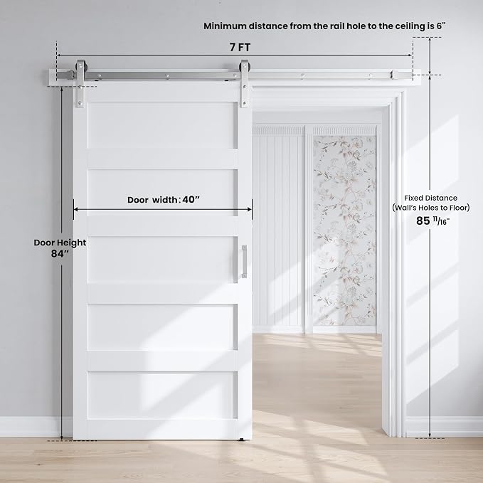 SMARTSTANDARD 40x84 inch White Barn Door with 7FT Silver Hardware Track | Solid MDF Slab, Waterproof PVC Surface, 5-Panel, Suitable for Openings up to 38in x 82in